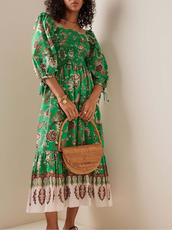 Cara Cara Dresses & Skirts - Cara Cara Jazzy Midi Dress Green Floral Smocked Puff Sleeve Cotton Cottagecore
